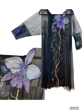 VTG Lee Andersen Wearable Art Sheer Mesh Tunic Dress Orchid Embroidery Lace OSFM